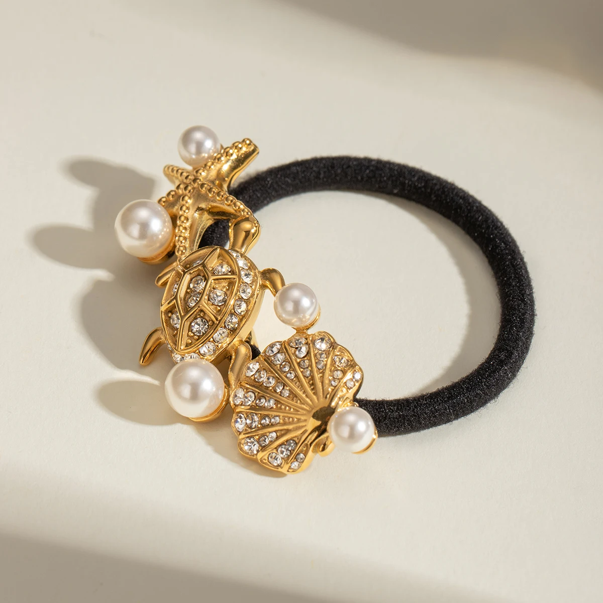 Glossy Starfish, Turtle & Scallop Pearl Hair Rope - Black Rubber Hairbands hair clips LUNARITY GARAGE