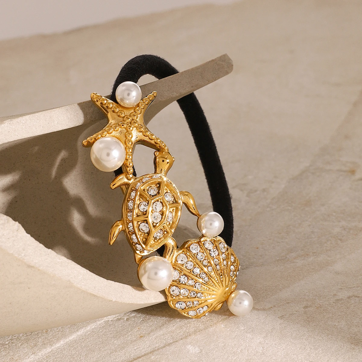 Glossy Starfish, Turtle & Scallop Pearl Hair Rope - Black Rubber Hairbands hair clips LUNARITY GARAGE