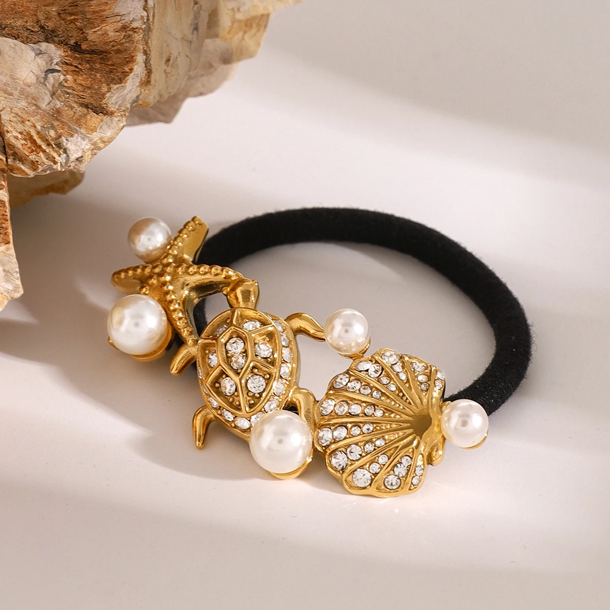 Glossy Starfish, Turtle & Scallop Pearl Hair Rope - Black Rubber Hairbands hair clips LUNARITY GARAGE   