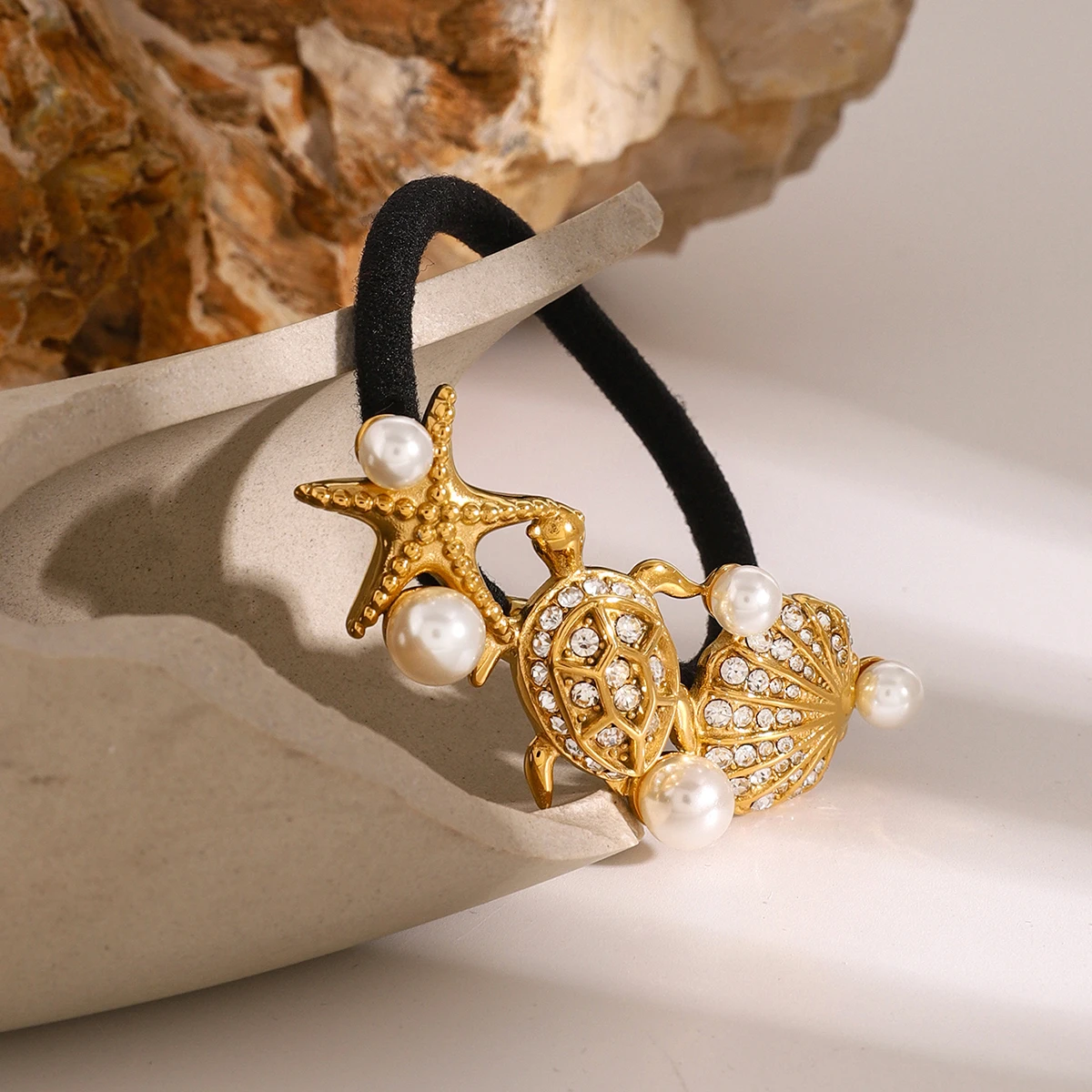 Glossy Starfish, Turtle & Scallop Pearl Hair Rope - Black Rubber Hairbands hair clips LUNARITY GARAGE