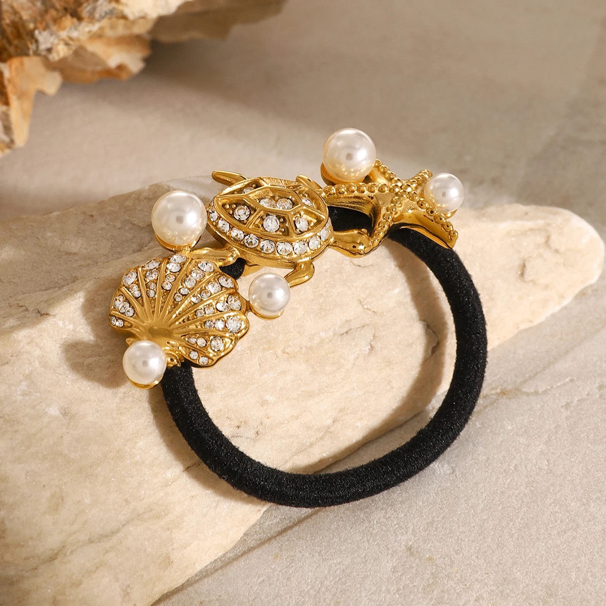 Glossy Starfish, Turtle & Scallop Pearl Hair Rope - Black Rubber Hairbands hair clips LUNARITY GARAGE   