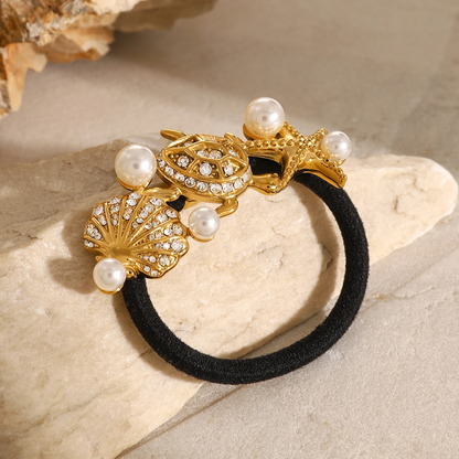Glossy Starfish, Turtle & Scallop Pearl Hair Rope - Black Rubber Hairbands hair clips LUNARITY GARAGE   