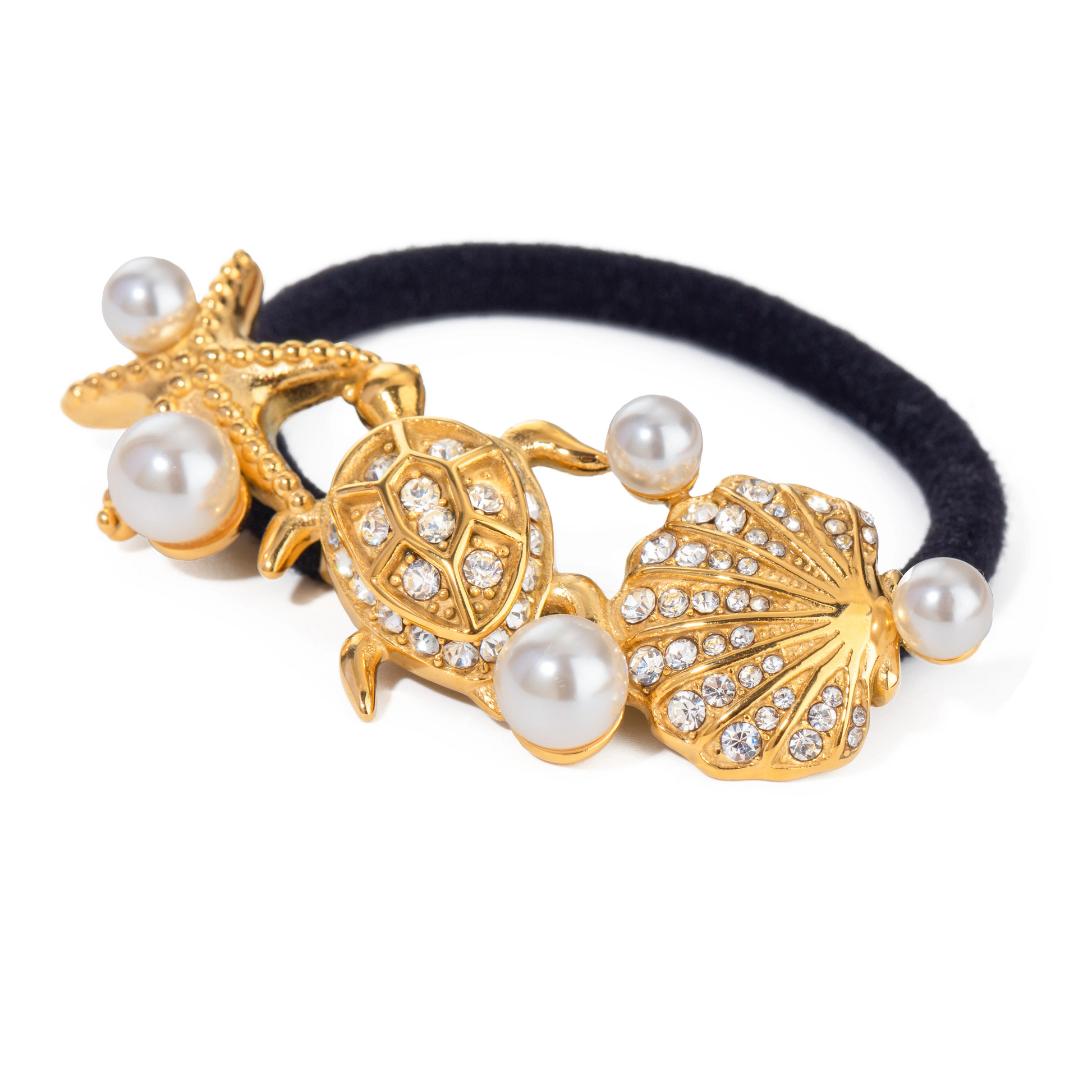 Glossy Starfish, Turtle & Scallop Pearl Hair Rope - Black Rubber Hairbands hair clips LUNARITY GARAGE   