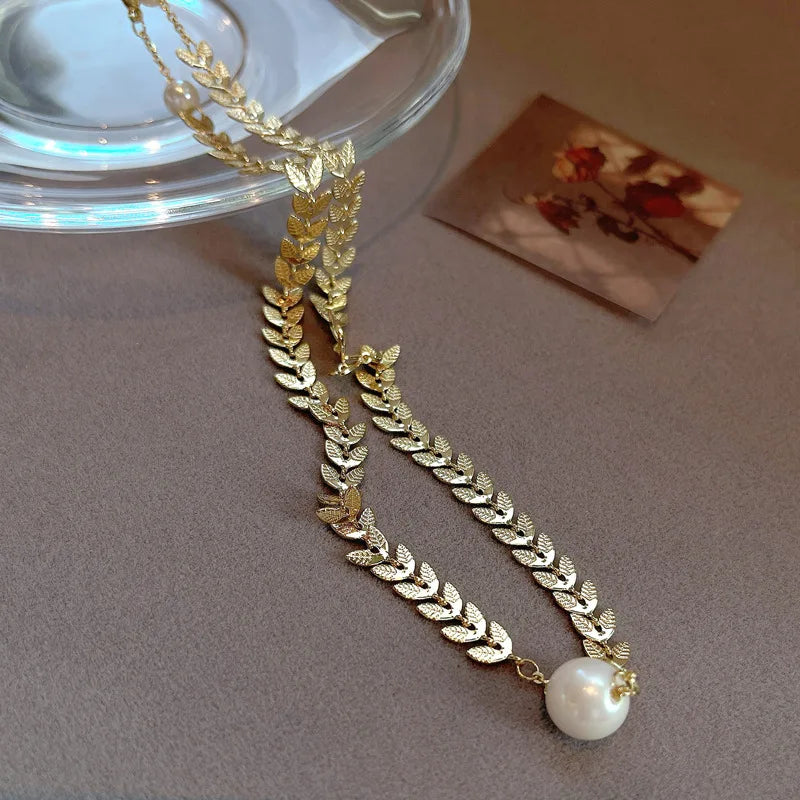 Golden Wheat Ear Pearl Pendant Necklace Necklace Lunarity Garage