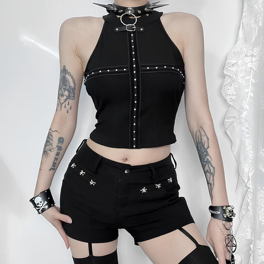 Goth Rivet Mesh Patchwork Crop Top crop top Lunarity Garage Black S 