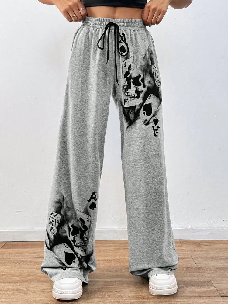 Gothic Drawstring Skulls Print Straight Pants Pants Lunarity Garage   