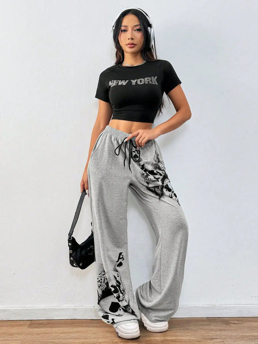 Gothic Drawstring Skulls Print Straight Pants Pants Lunarity Garage   