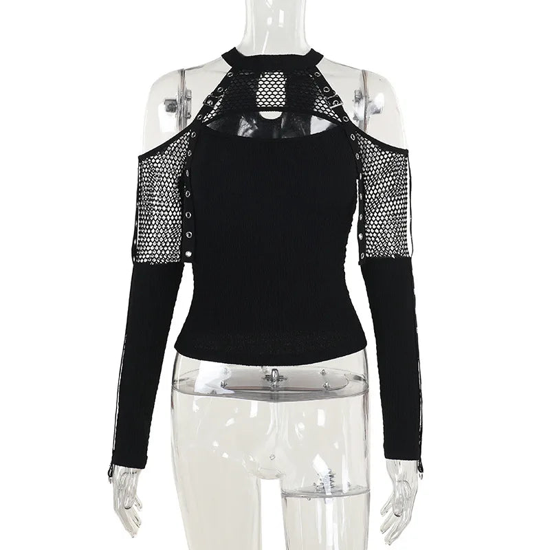 Gothic Punk Grunge Off-Shoulder Fishnet Halter Top crop top Lunarity Garage
