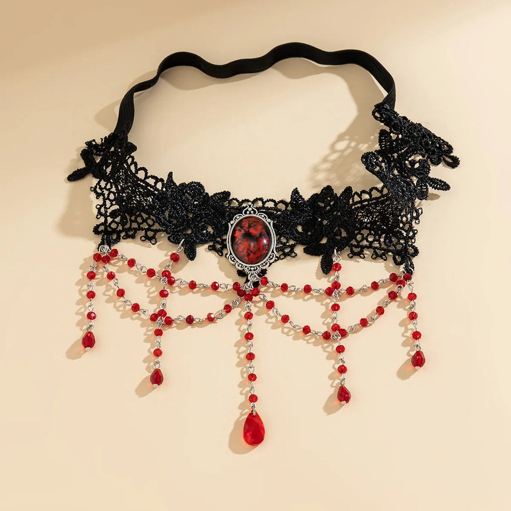 Gothic Red Crystal Lace Leg Chain with Tassels leg Chain LUNARITY GARAGE   
