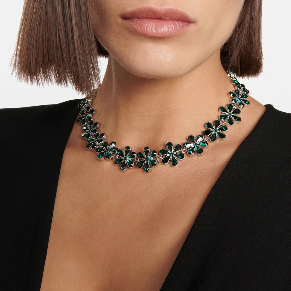 Green Rhinestone Flower Choker Necklace Necklace Lunarity Garage Gold-Green  