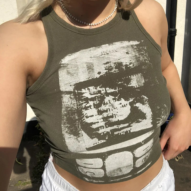 Y2K Printed Cropped Tank – Retro & Edgy Clubwear Tank top LUNARITY GARAGE Army Green S