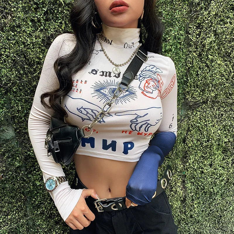 Women's Slim Fit Printed Turtleneck Crop Top – Trendy High Street Fashion crop top LUNARITY GARAGE Beige S