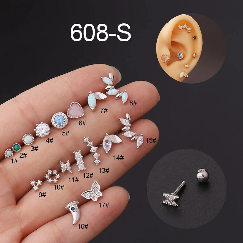 Titanium Steel Zircon Opal Cartilage Stud Earrings - 16g Helix Piercing Jewelry Ear Piercings Lunarity Garage Silver 1