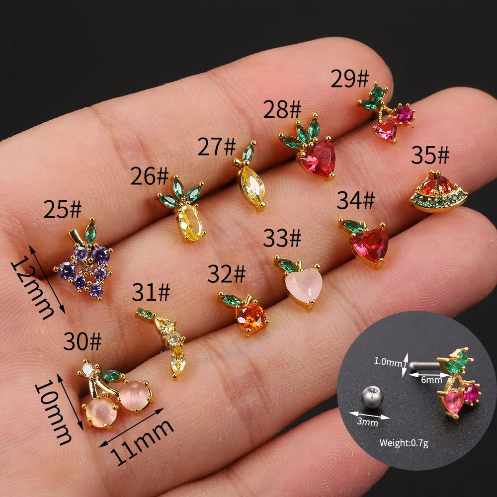 1Pc 20g Stainless Steel Rainbow Cz Fruit Cartilage Bicycle Stud Earring Cute Screw Back Bar Ligth Tragus Conch Lobe Ear Piercing Ear Piercings Lunarity Garage   