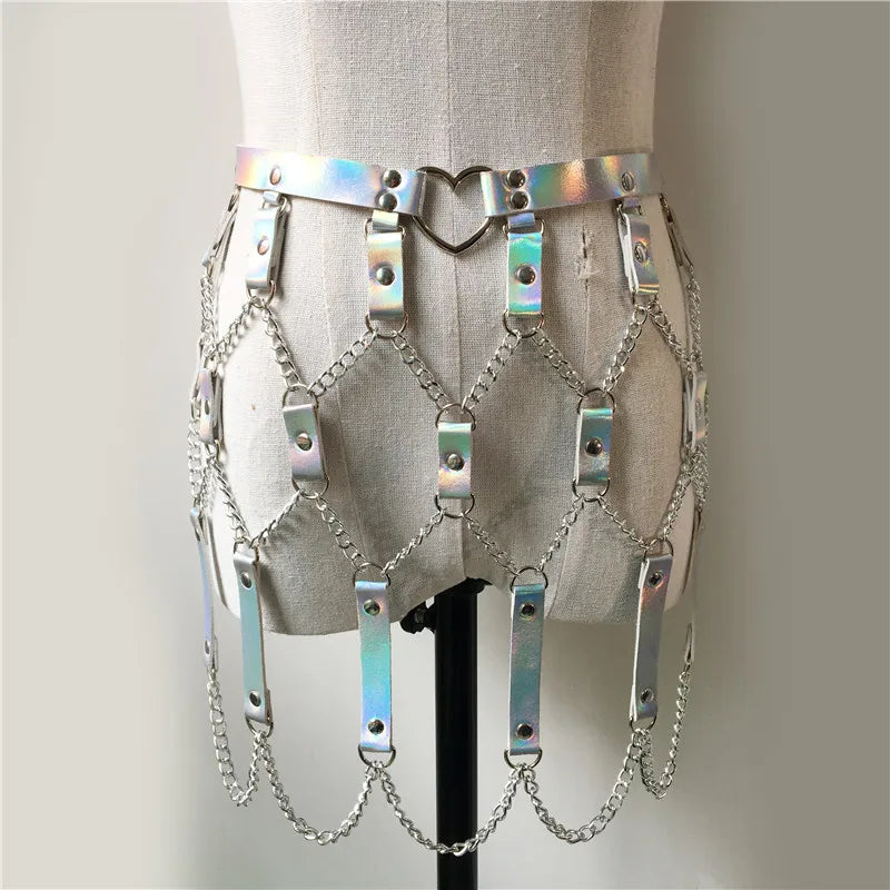 Gothic Faux Leather Holographic Outfit Sexy Backless Metal Chain Tops Adjustable Mini Skirt Night Party Rave Festival 2 Pcs Set rave outfit LUNARITY GARAGE