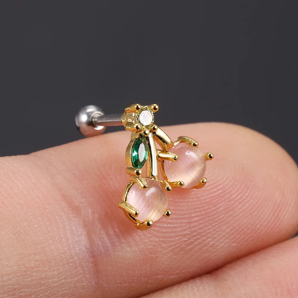 1Pc 20g Stainless Steel Rainbow Cz Fruit Cartilage Bicycle Stud Earring Cute Screw Back Bar Ligth Tragus Conch Lobe Ear Piercing Ear Piercings Lunarity Garage Pink Cherry