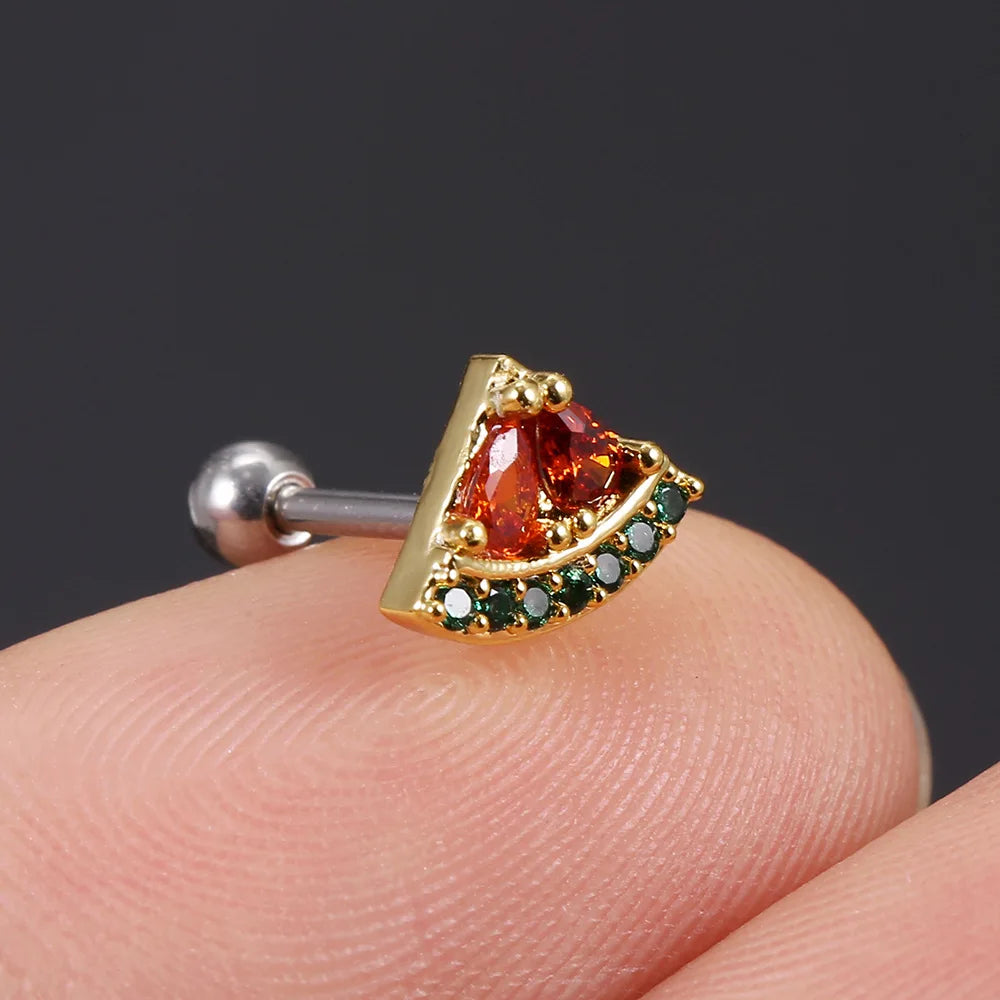 1Pc 20g Stainless Steel Rainbow Cz Fruit Cartilage Bicycle Stud Earring Cute Screw Back Bar Ligth Tragus Conch Lobe Ear Piercing Ear Piercings Lunarity Garage   
