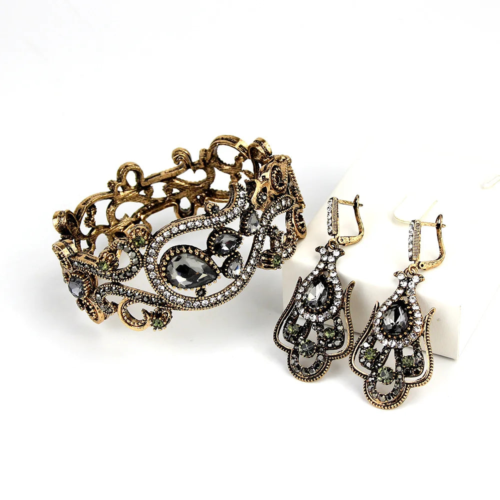 Bohemian Gray Crystal Bangle and Earring Set – Turkish Ethnic Jewelry Jewelry Set Lunarity Garage