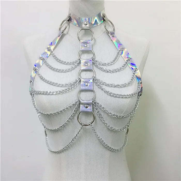 Gothic Faux Leather Holographic Outfit Sexy Backless Metal Chain Tops Adjustable Mini Skirt Night Party Rave Festival 2 Pcs Set rave outfit LUNARITY GARAGE