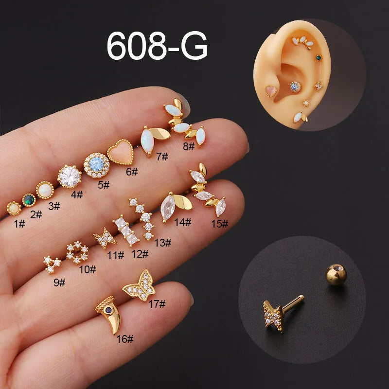 Titanium Steel Zircon Opal Cartilage Stud Earrings - 16g Helix Piercing Jewelry Ear Piercings Lunarity Garage Gold 1