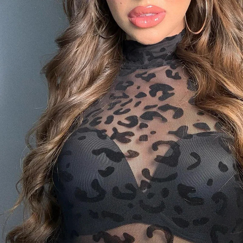 Leopard Mesh See Through Bodysuit - Mock Neck High Waist Sexy Bodysuit Bodysuits LUNARITY GARAGE