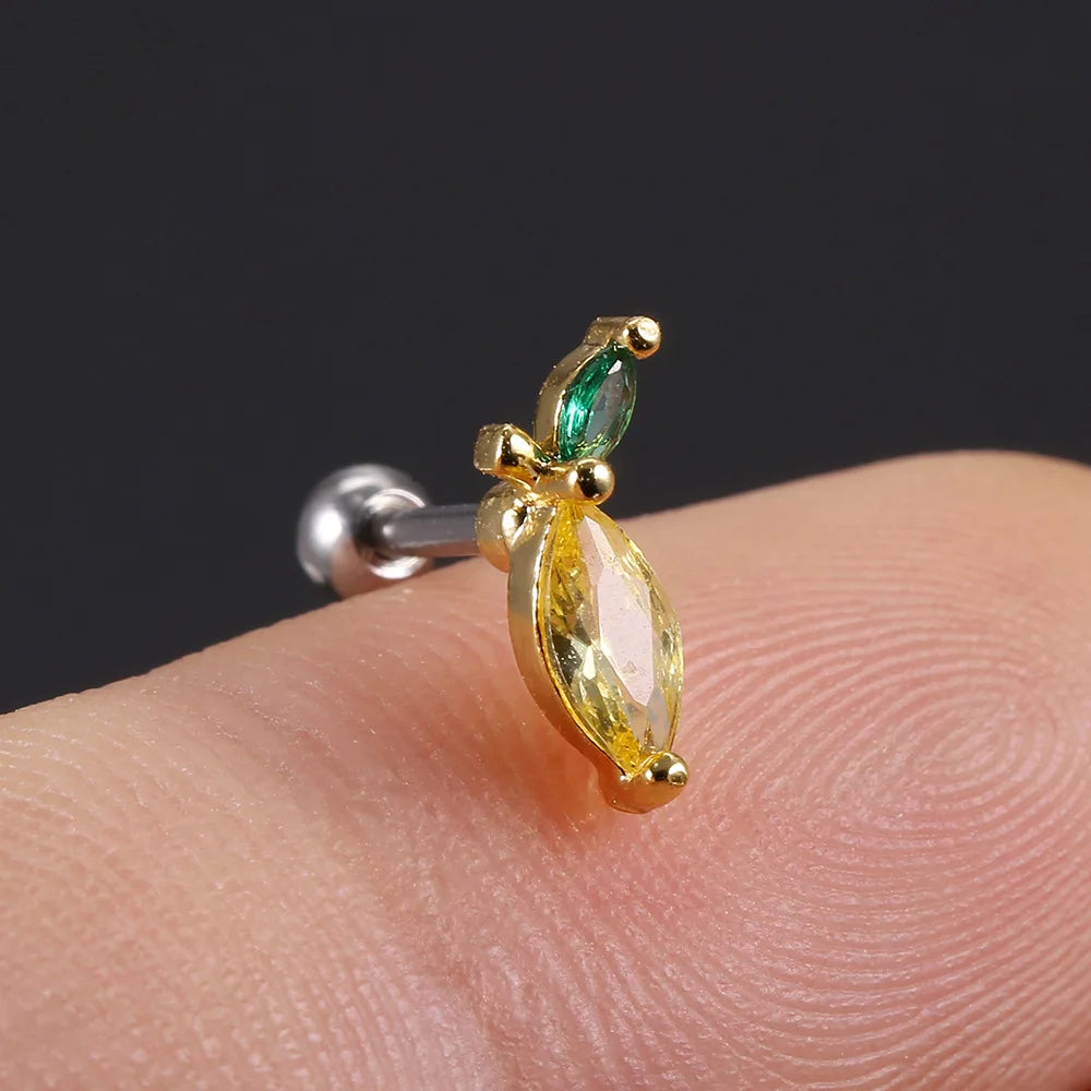 1Pc 20g Stainless Steel Rainbow Cz Fruit Cartilage Bicycle Stud Earring Cute Screw Back Bar Ligth Tragus Conch Lobe Ear Piercing Ear Piercings Lunarity Garage Lemon