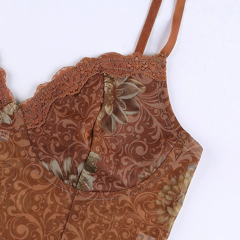 Leaves Printed Lace Patchwork Mesh Crop Top crop top Lunarity Garage