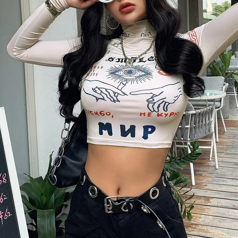 Women's Slim Fit Printed Turtleneck Crop Top – Trendy High Street Fashion crop top LUNARITY GARAGE