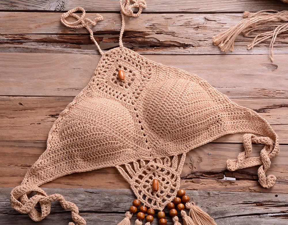 Handmade Crochet Set – Bohemia Style Off-Shoulder High Neck Beachwear Clothing Set LUNARITY GARAGE