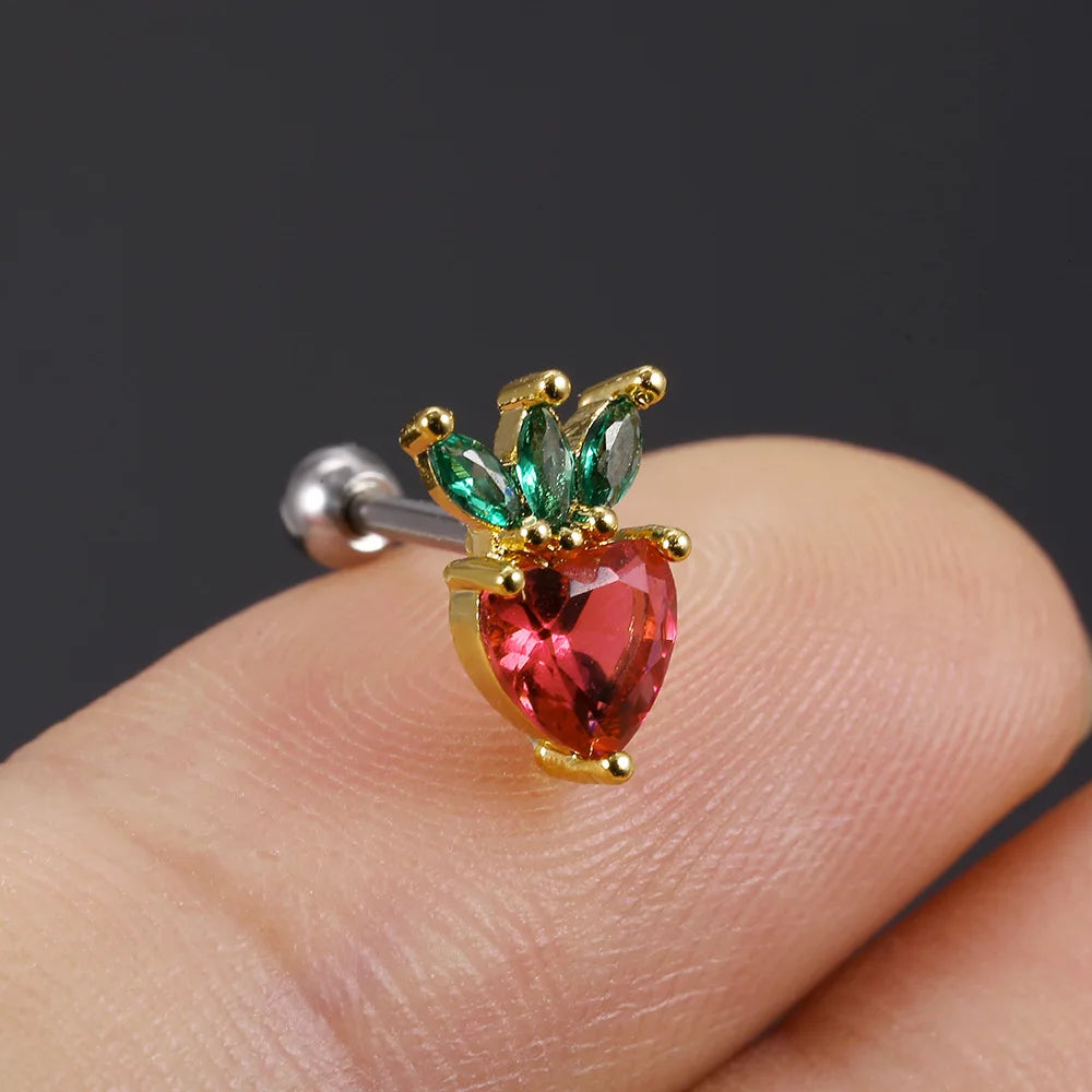 1Pc 20g Stainless Steel Rainbow Cz Fruit Cartilage Bicycle Stud Earring Cute Screw Back Bar Ligth Tragus Conch Lobe Ear Piercing Ear Piercings Lunarity Garage Strawberry
