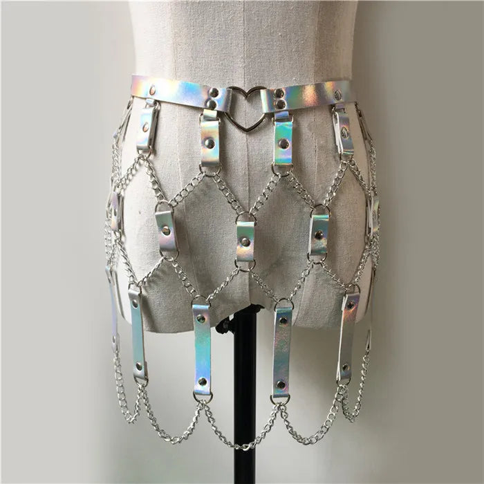 Gothic Faux Leather Holographic Outfit Sexy Backless Metal Chain Tops Adjustable Mini Skirt Night Party Rave Festival 2 Pcs Set rave outfit LUNARITY GARAGE Only Skirt One Size