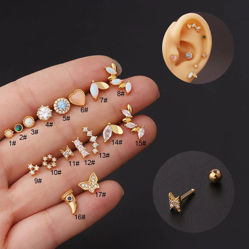 Titanium Steel Zircon Opal Cartilage Stud Earrings - 16g Helix Piercing Jewelry Ear Piercings Lunarity Garage