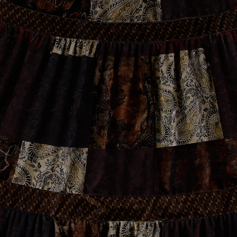 Grunge Velvet Brown Patchwork Maxi Skirt Skirts Lunarity Garage   