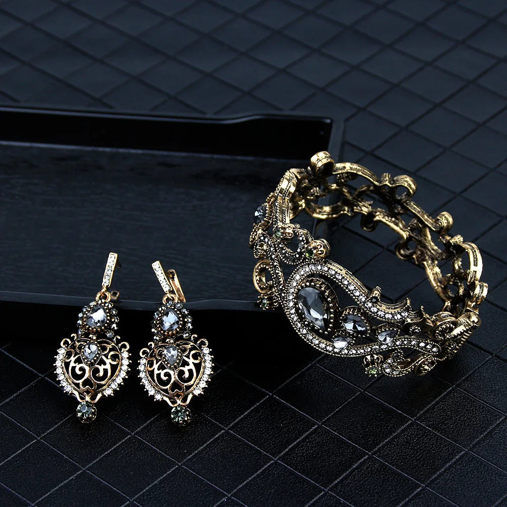 Bohemian Gray Crystal Bangle and Earring Set – Turkish Ethnic Jewelry Jewelry Set Lunarity Garage