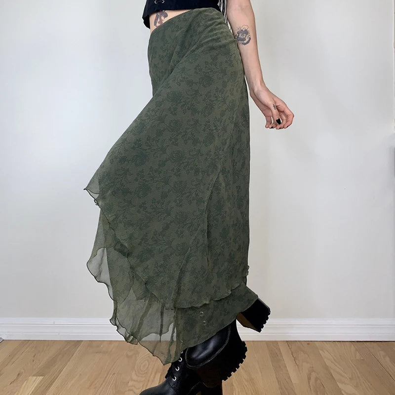 Fairycore Grunge Green Irregular Midi Skirts 2000s Retro Elegant Lady High Waist Ruffles Chiffon Skirt Women Vintage Midi Skirt skirt LUNARITY GARAGE