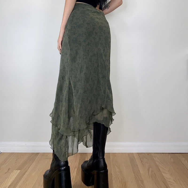 Fairycore Grunge Green Irregular Midi Skirts 2000s Retro Elegant Lady High Waist Ruffles Chiffon Skirt Women Vintage Midi Skirt skirt LUNARITY GARAGE
