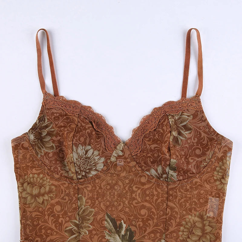 Leaves Printed Lace Patchwork Mesh Crop Top crop top Lunarity Garage