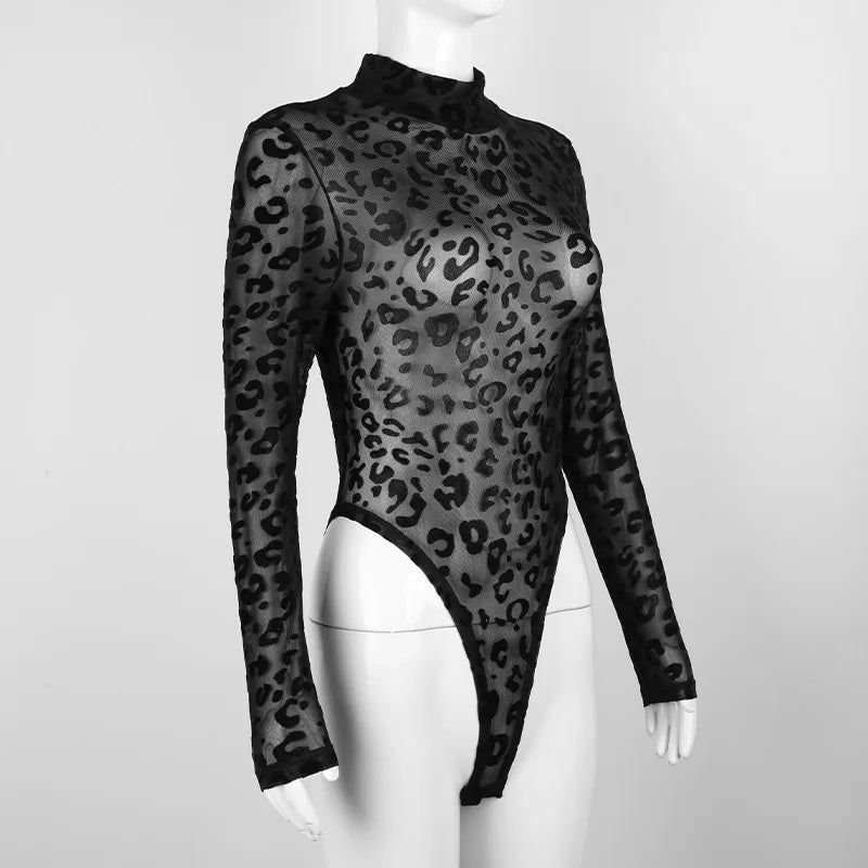 Leopard Mesh See Through Bodysuit - Mock Neck High Waist Sexy Bodysuit Bodysuits LUNARITY GARAGE