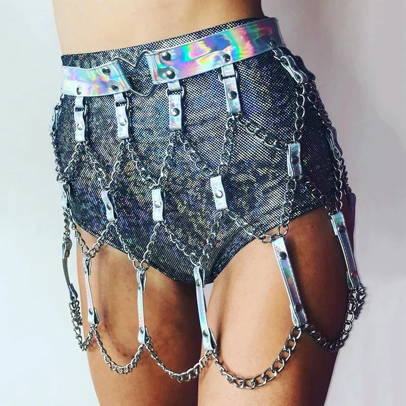 Gothic Faux Leather Holographic Outfit Sexy Backless Metal Chain Tops Adjustable Mini Skirt Night Party Rave Festival 2 Pcs Set rave outfit LUNARITY GARAGE