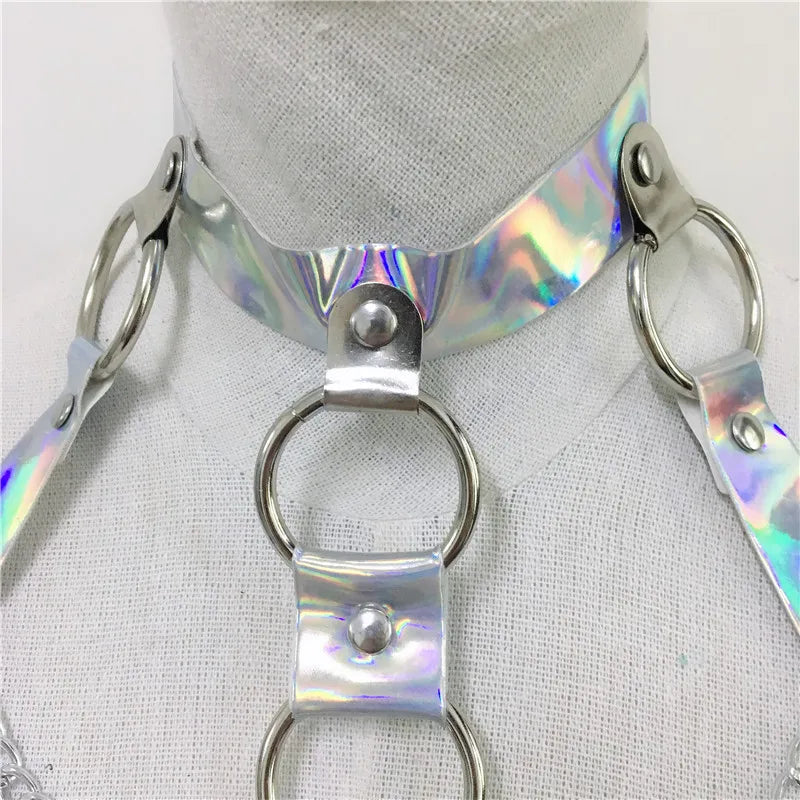Gothic Faux Leather Holographic Outfit Sexy Backless Metal Chain Tops Adjustable Mini Skirt Night Party Rave Festival 2 Pcs Set rave outfit LUNARITY GARAGE