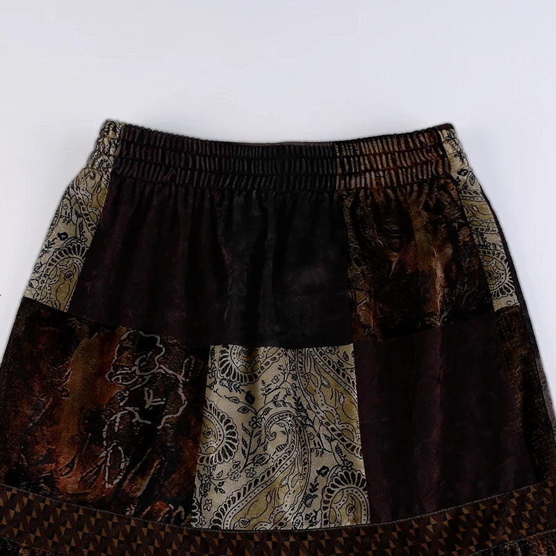 Grunge Velvet Brown Patchwork Maxi Skirt Skirts Lunarity Garage   
