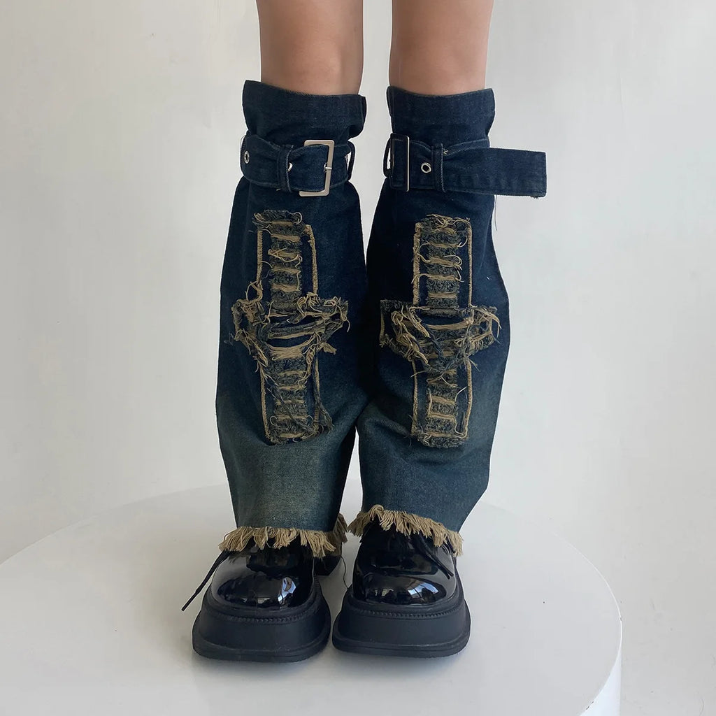 Y2K Cross Harajuku Star Strap Denim Leg Warmers Leg Warmers Lunarity Garage Blue Cross One Size 
