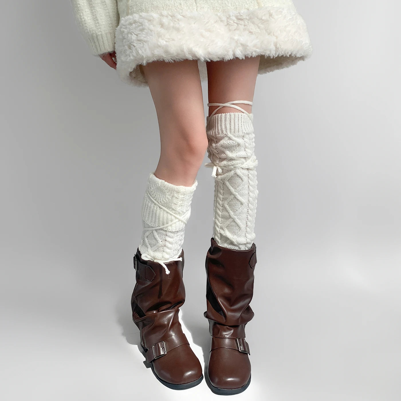 Y2K Lace-Up Knitted Wool Leg Warmers Leg warmer Lunarity Garage Beige 63cm