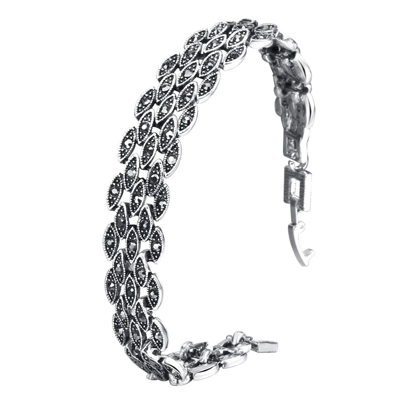 Bright Black Crystal Eye Link Bracelet – Vintage Antique Silver Bracelets Lunarity Garage