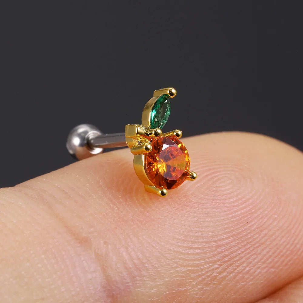 1Pc 20g Stainless Steel Rainbow Cz Fruit Cartilage Bicycle Stud Earring Cute Screw Back Bar Ligth Tragus Conch Lobe Ear Piercing Ear Piercings Lunarity Garage Orange