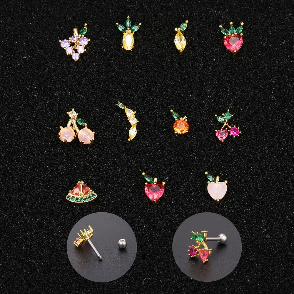 1Pc 20g Stainless Steel Rainbow Cz Fruit Cartilage Bicycle Stud Earring Cute Screw Back Bar Ligth Tragus Conch Lobe Ear Piercing Ear Piercings Lunarity Garage