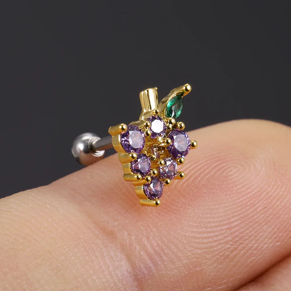1Pc 20g Stainless Steel Rainbow Cz Fruit Cartilage Bicycle Stud Earring Cute Screw Back Bar Ligth Tragus Conch Lobe Ear Piercing Ear Piercings Lunarity Garage Grape