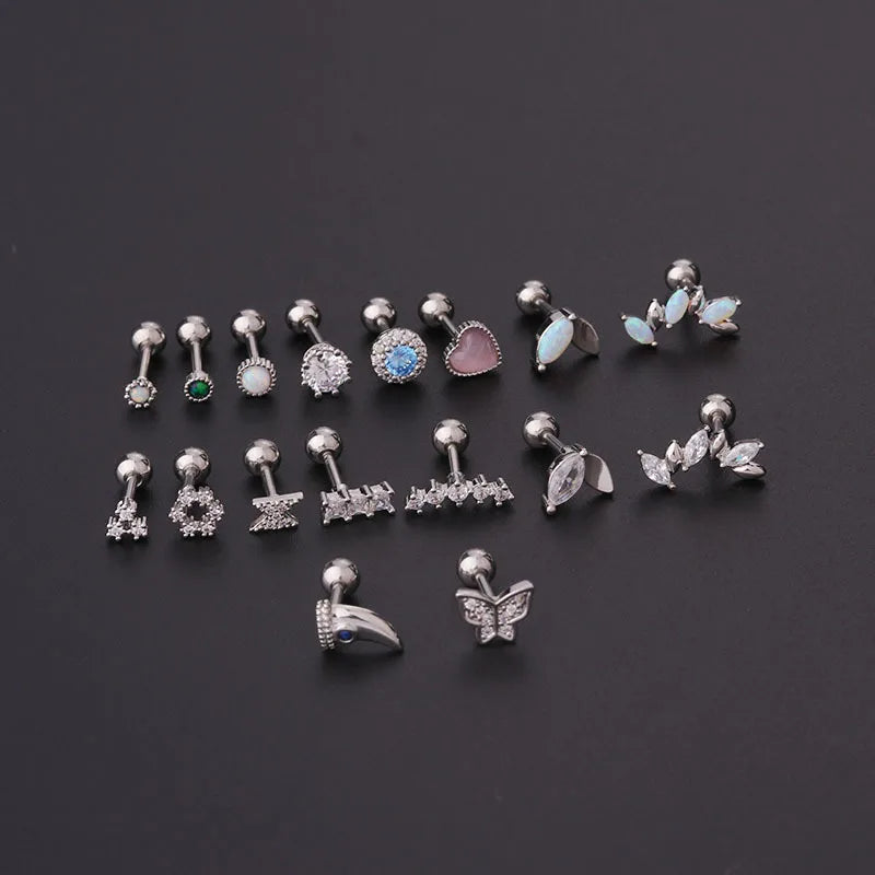 Titanium Steel Zircon Opal Cartilage Stud Earrings - 16g Helix Piercing Jewelry Ear Piercings Lunarity Garage