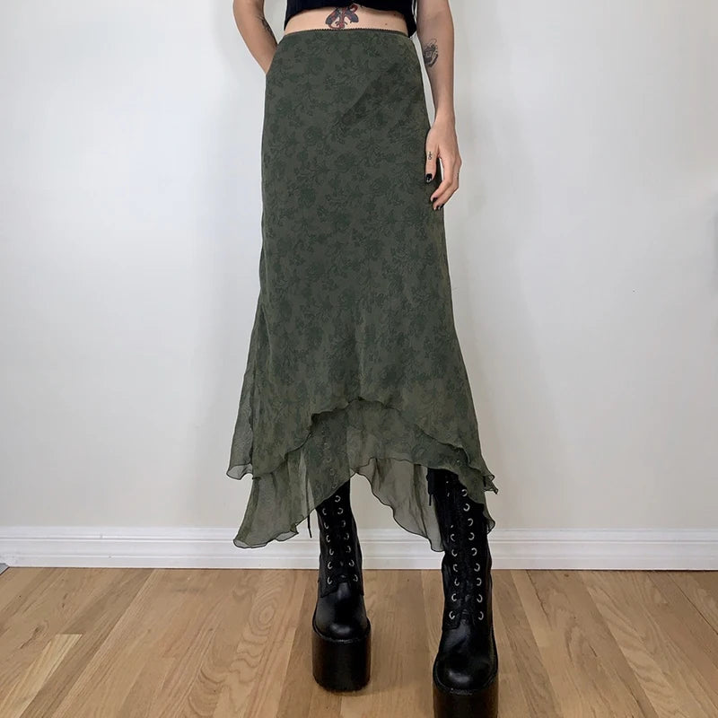 Fairycore Grunge Green Irregular Midi Skirts 2000s Retro Elegant Lady High Waist Ruffles Chiffon Skirt Women Vintage Midi Skirt skirt LUNARITY GARAGE Green S
