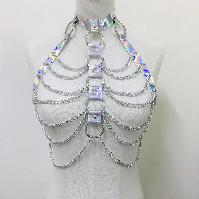 Gothic Faux Leather Holographic Outfit Sexy Backless Metal Chain Tops Adjustable Mini Skirt Night Party Rave Festival 2 Pcs Set rave outfit LUNARITY GARAGE